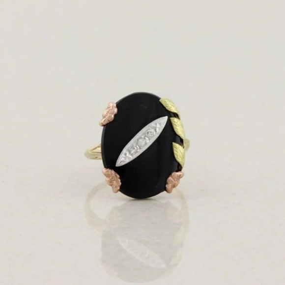 10k Yellow Gold Natural Onyx & Diamond Ring Size 6 1/4 - Picture 1 of 7
